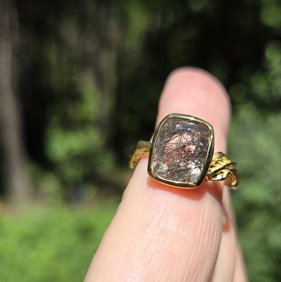 Rutilated Quartz 7k cushion cut sterling & gold ring sz8.75 - Picture 7 of 7